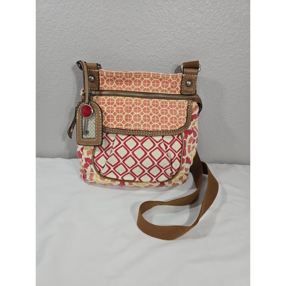 Fossil Yellow Red Brown Mixed Print Crossbody Bag Y2K Canvas w/ Keychain